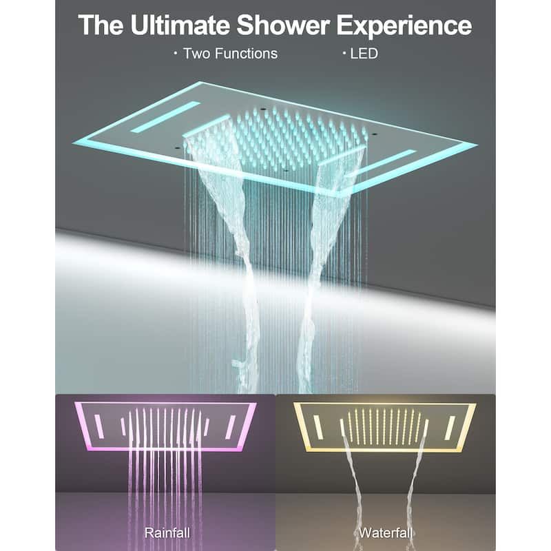 GRANDJOY LUXURY Shower System 22"x15" Ceiling Mount Rainfall & Waterfall Shower Head with Handheld Spray Como 64 Colors LED