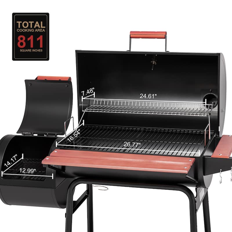 Royal Gourmet CC1830W Charcoal Grill with Offset Smoker,Wood-Painted Side Table and Front Table,Black