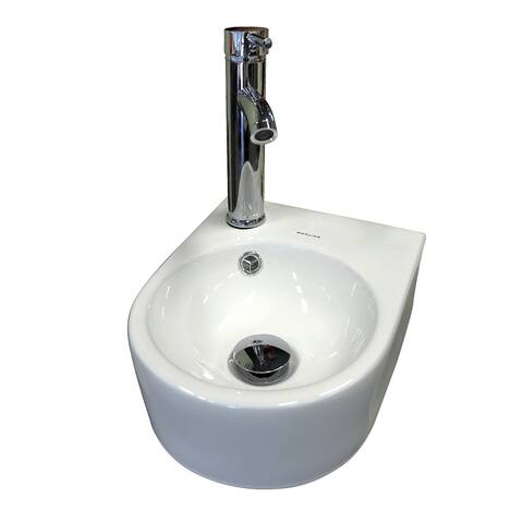 Wall-mounted white round bathroom tempered ceramic sink with left faucet and drain