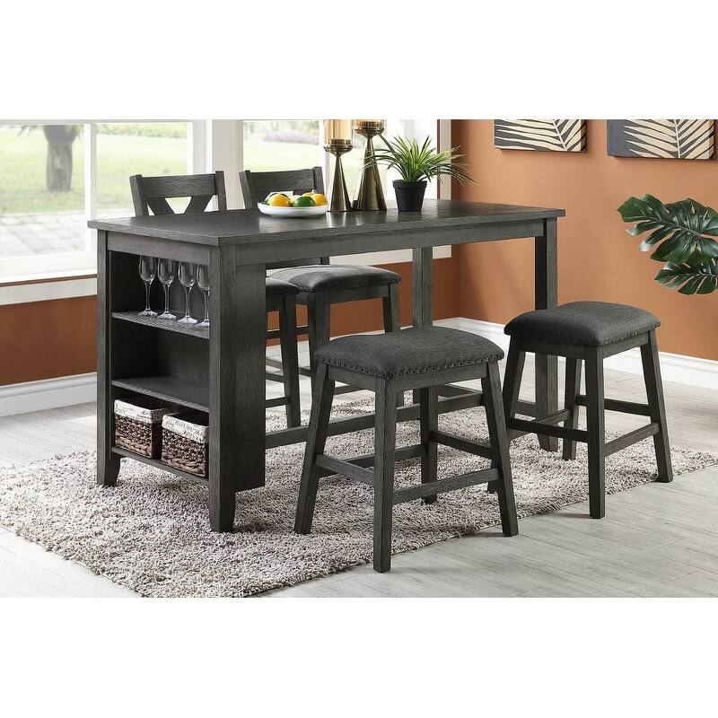 Modern Gray Finish 5pc Counter Height High Dining Table w Storage Shelves High Chairs And Stools Wooden Kitchen Breakfas - Grey