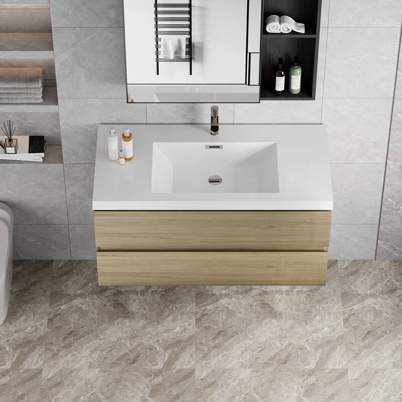42"Bathroom Vanity with Sink,Modern Wall-Mounted Bathroom Storage Vanity Cabinet with Resin Top Basin and Soft Close Drawers