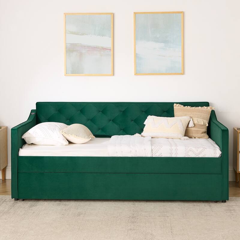 Twin Upholstered Daybed with Pop-Up Trundle & USB Charging Ports