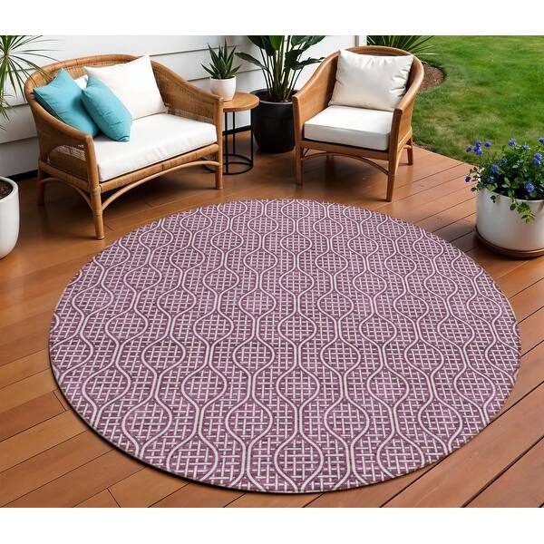 8' Eggplant And Ivory Round Geometric Washable Indoor Outdoor Area Rug ...