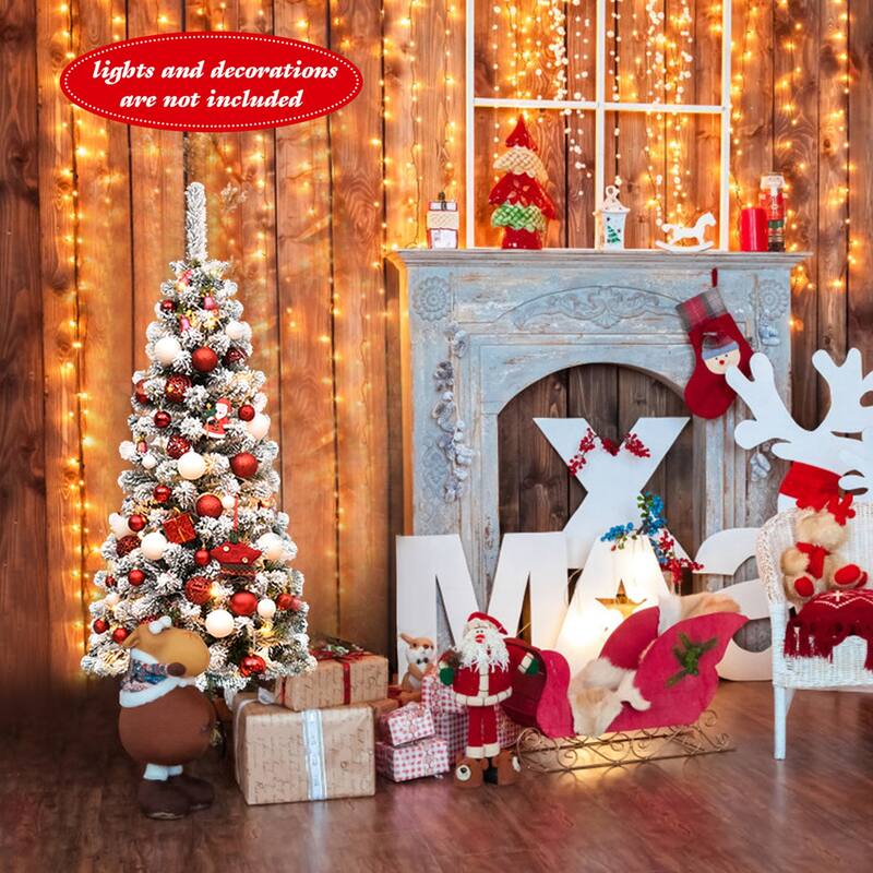 Gymax 4.5ft Snow Flocked Pencil Christmas Tree Artificial Pine Tree w/ - See Details