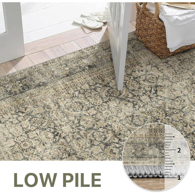 Mcow Floral Faded Low Pile Machine Washable Non-Slip Area Rug