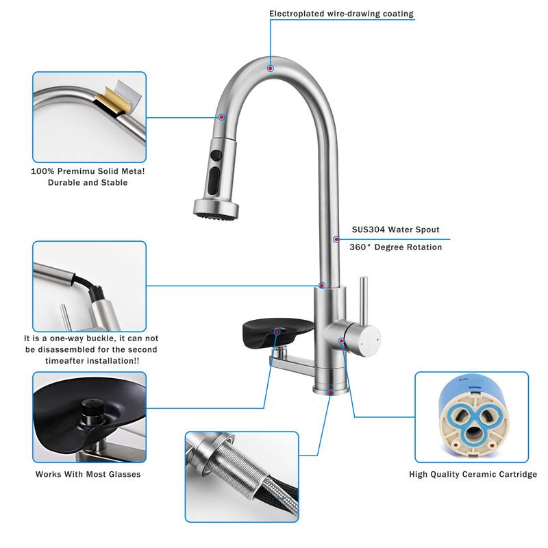 Modern 3-in-1 High-Arc Pull-Down Sprayer Kitchen Faucet with 3 Function Spray Mode & Press-Type Glass Rinser