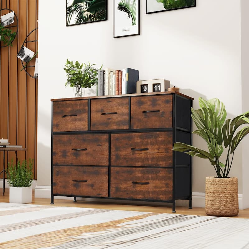 Dresser for Bedroom with 7 Drawers, Anti-Tip Wide Fabric Chests Storage Organizer Tower Furniture, TV Stand for TV up to 45 inch - Brown