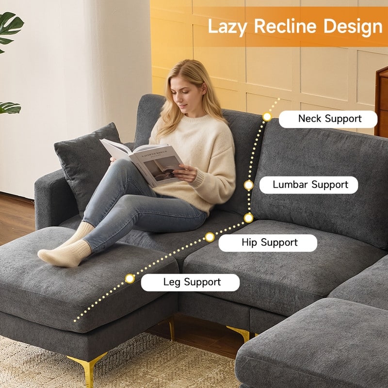 100'' W Gold Leg Square Arm Sofa with 2 Ottomans