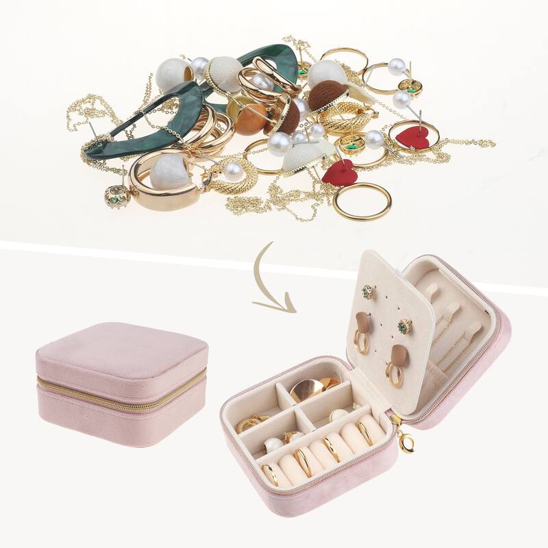 Travel Jewelry Box for Girl's Birthday Gifts, Mini Portable Plush Velvet Jewelry Organizer Case Storage Display Holder - Pink