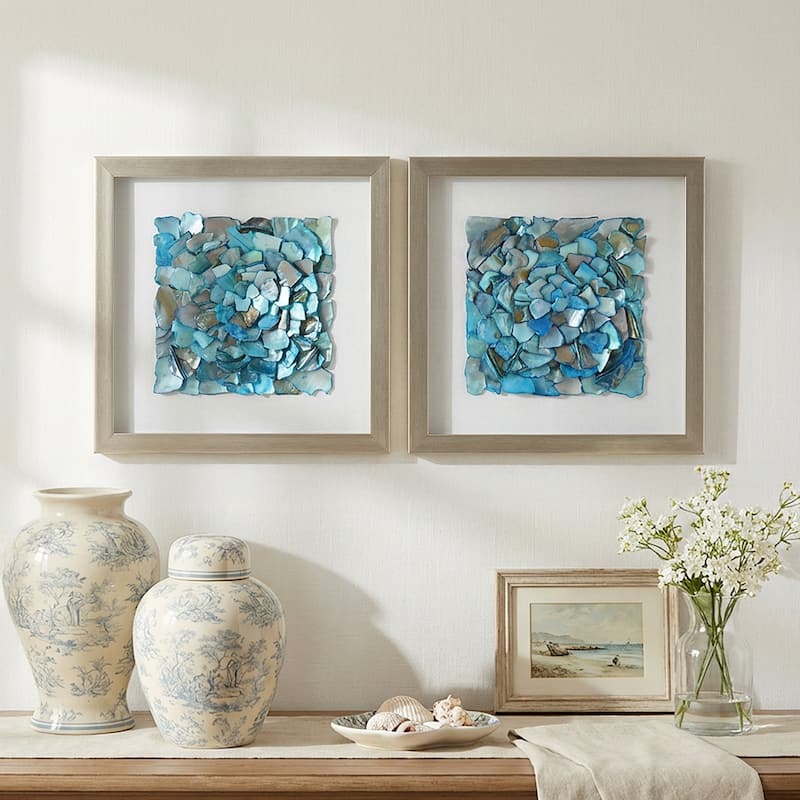 American Art Decor 2-Piece Coastal Seashell & Sea Glass Shadowbox Framed Wall Art Set