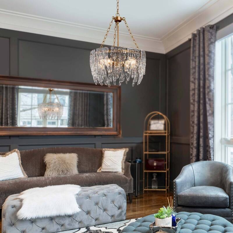 Modern 4-Light Gold Drum Textured Glass Chandelier for Dining Room