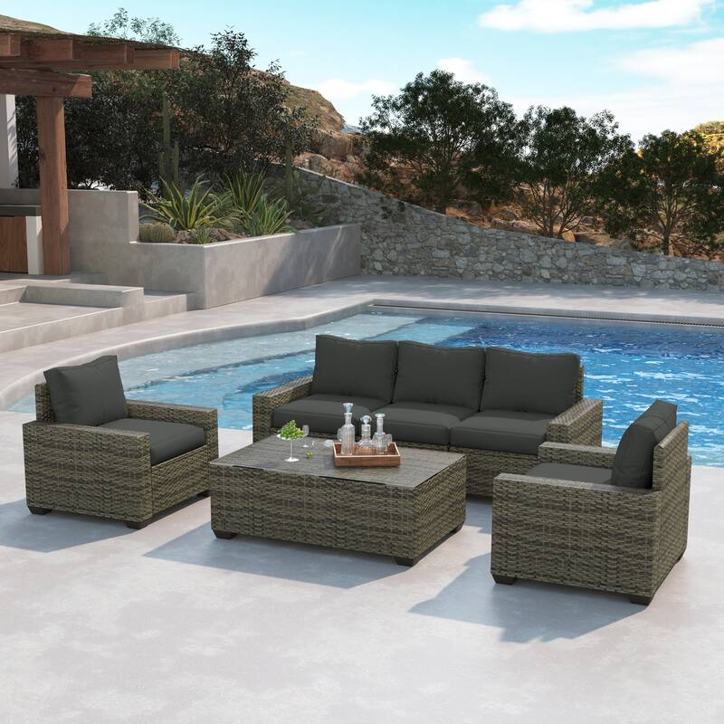 6 Pieces Patio Rattan Conversation Furniture Set with Coffee Table
