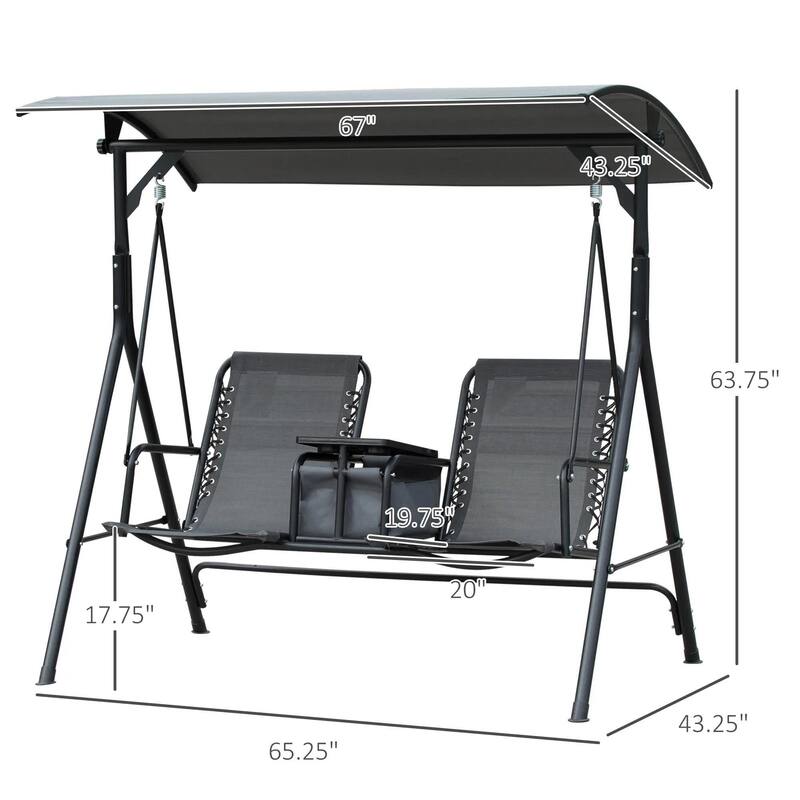 2-Seater Porch Swing with Pivot Table, Cup Holder, Adjustable Canopy