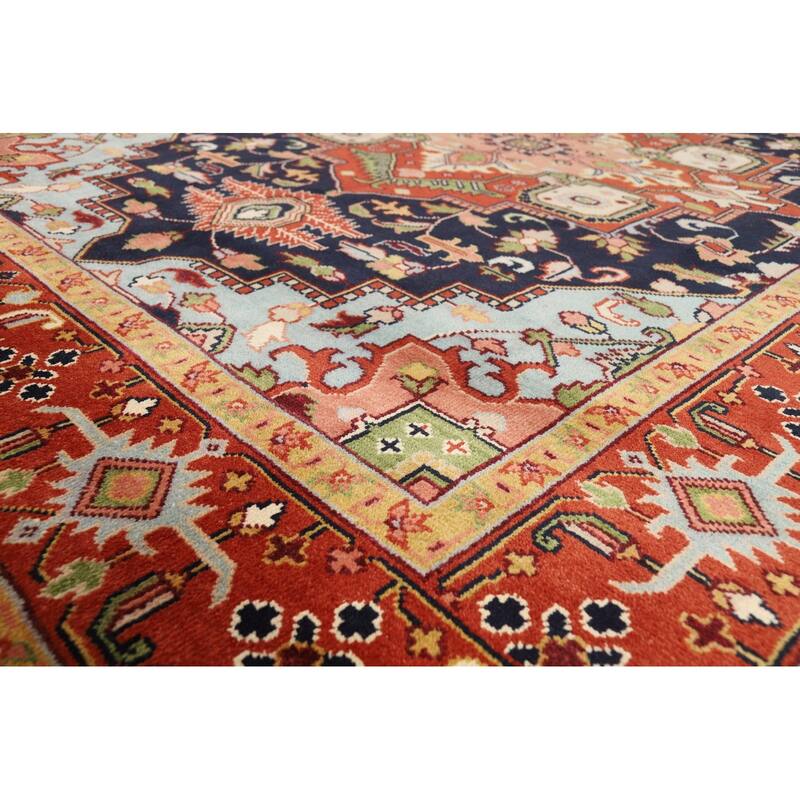 Blues & Orange Heriz Serapi Indian Area Rug Hand-Knotted Wool Carpet - 8'11"x 11'10"