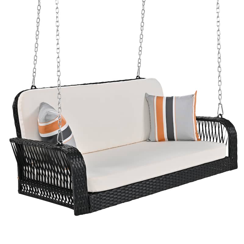 All-Weather PE Wicker Porch Swing with Cushions and Chains, 2-Person Hanging Bench for Backyard, Garden, Patio or Poolside Use