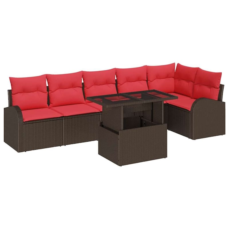 vidaXL 7 Garden Sofa Set with Cushions Black/Brown/Grey Poly Rattan - 113.8 x 48.8 x 27.2