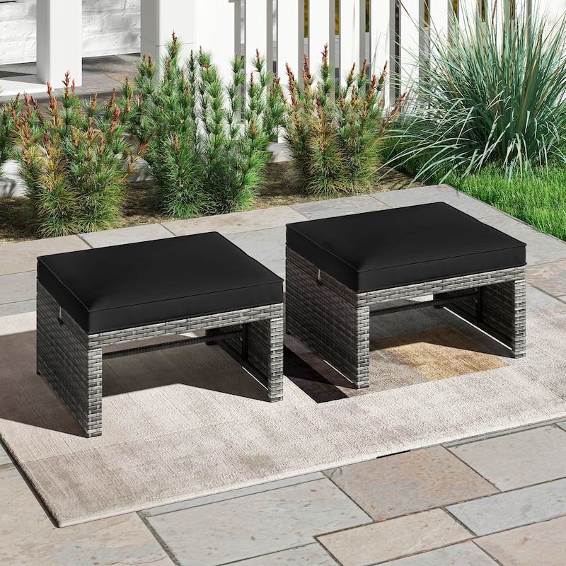 PE Rattan Outdoor Ottomans with Cushions, Footrest Seats or Tables - 16" L x 19" W x 9.5" H - Black