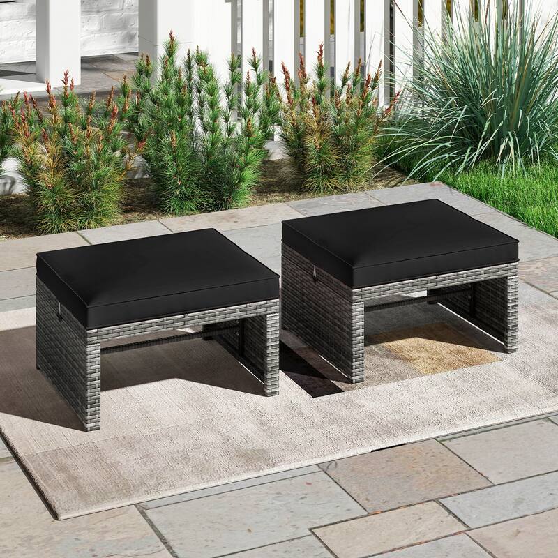 Gymax 2 Pieces Patio PE Rattan Ottomans with Soft Zippered Cushions