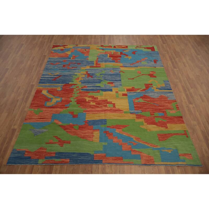 Hand Woven Oriental 100% Wool Carpet Southwestern Modern Multi-Colored Kilim Area Rug - 9' 10'' X 8' 2''