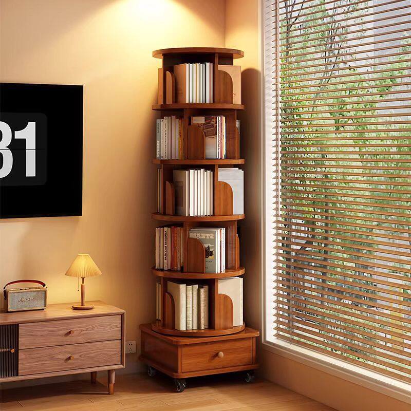 360° Rotating Bookcase - Space-Saving Shelf with Wheels - Walnut Brown -  6 Tier