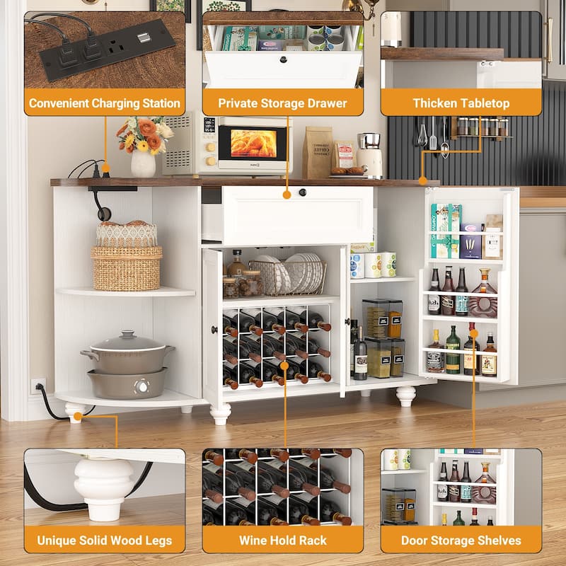 55'' Farmhouse Buffet Cabinet with Charging Station, Coffee Sideboard for Kicthen and Bar