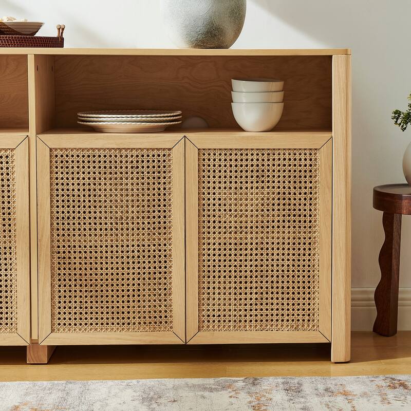 63" Mid Century Modern Rattan Sideboard Buffet Cabinet with Storage, Retro Coffee Bar Wine Bar Credenza