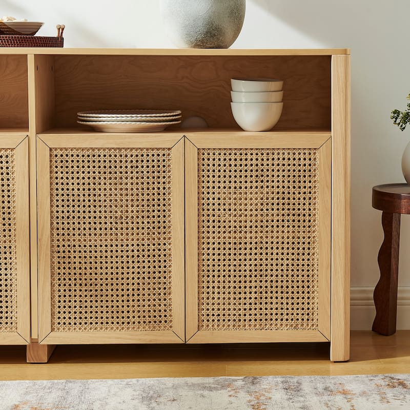 63" Mid Century Modern Rattan Sideboard Buffet Cabinet with Storage
