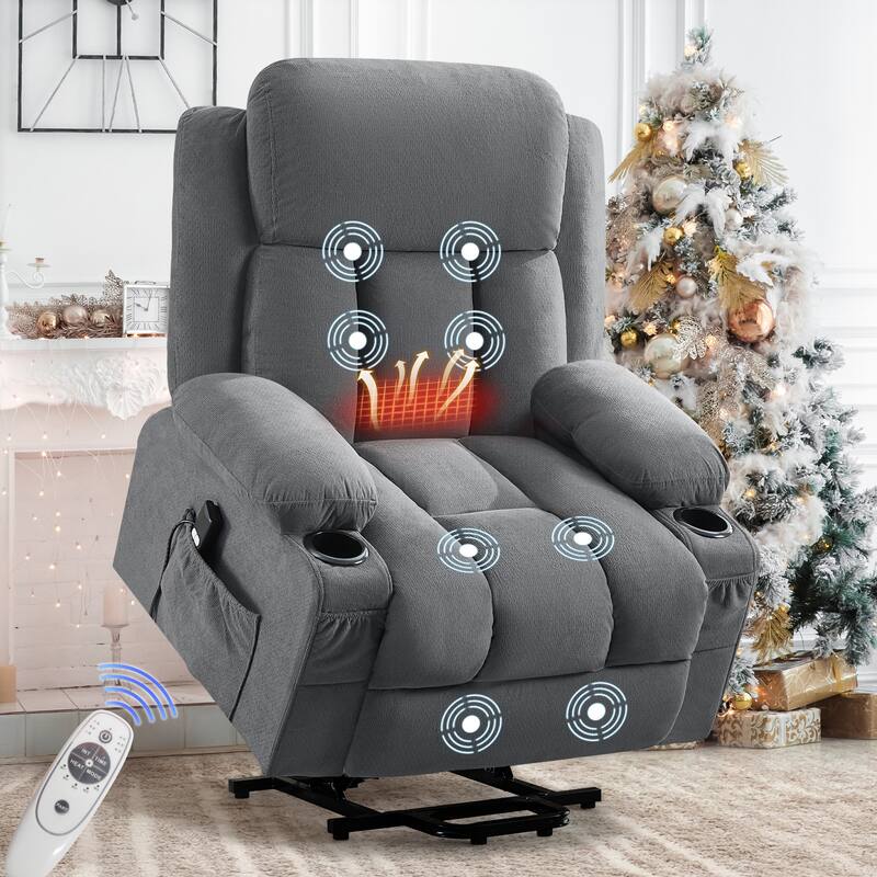 Power Lift Recliner with Heat & Massage USB Side Pockets for Elderly - Grey