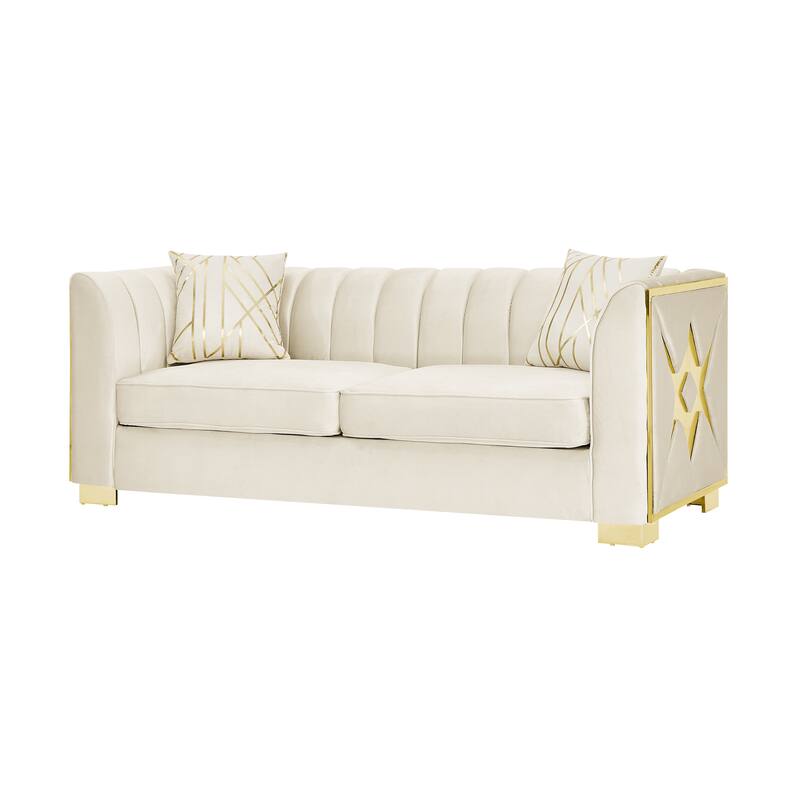 Velvet Chesterfield 3 Seater Sofa, Button Tufted Upholstered Sofa, Lounge Sofa with Stainless Steel Accents & Metal Legs
