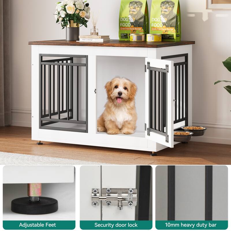 Moasis Dog Crate Furniture, End Table with Feeding Bowls