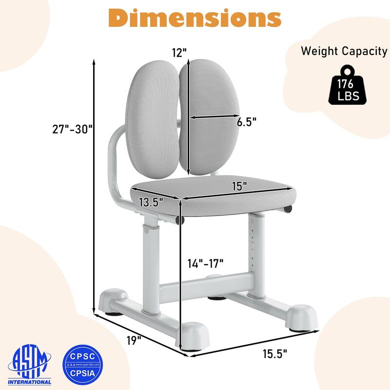 Adjustable Kids Desk Chair with Ergonomic Backrest Padded Foam Seat Metal Frame for Study and Play Ages 3 Plus