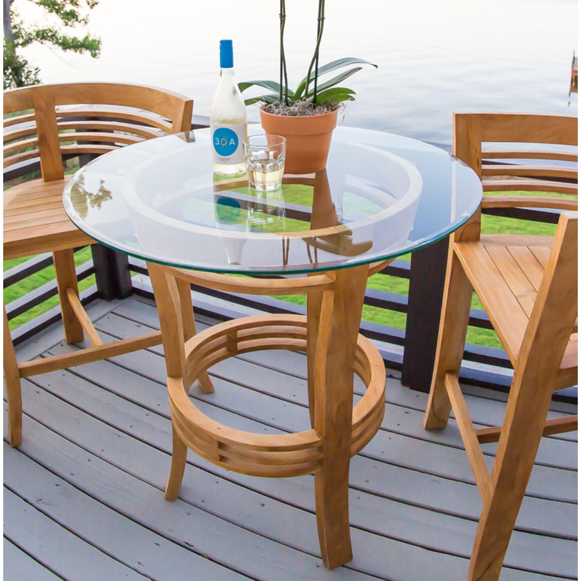 Shop Black Friday Deals On Chic Teak Waxed Teak Wood Half Moon Bar Table With 36 Inch Round Glass Top Overstock 31306069