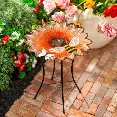 16.5" Metal Bird Bath with Stand, Sunflower & Bee