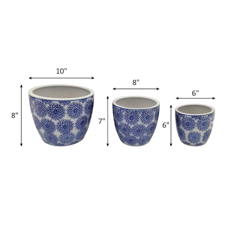Set of 3 Ceramic Planters Contemporary Vintage Style Blue and White Planters with Chinoiserie Style Design for Home or