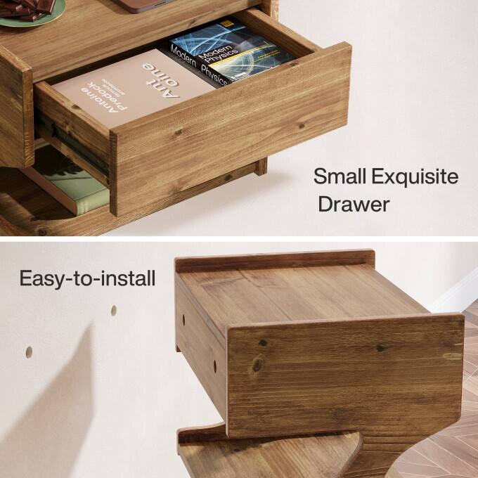Solid Wood Floating Nightstand, Wall-Mounted Bedside Table with Drawer