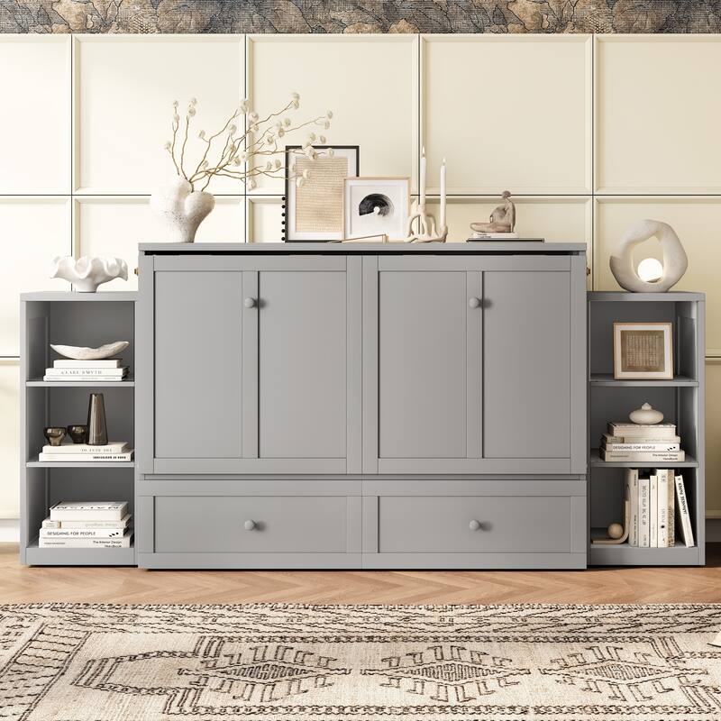 Full Size Murphy Bed with Spacious Storage Drawers and Shelves. Ideal for Guest Rooms or Compact Bedrooms - Light Gray