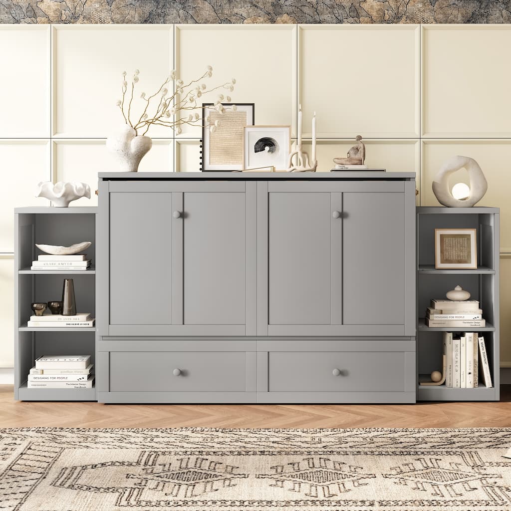 Full Size Murphy Bed with Spacious Storage Drawers and Shelves. Ideal for Guest Rooms or Compact Bedrooms