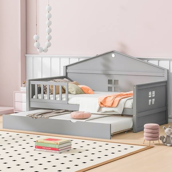 slide 2 of 36, Wooden Twin Size Daybed with Trundle and Sensor Light for Kids,Toddler Grey