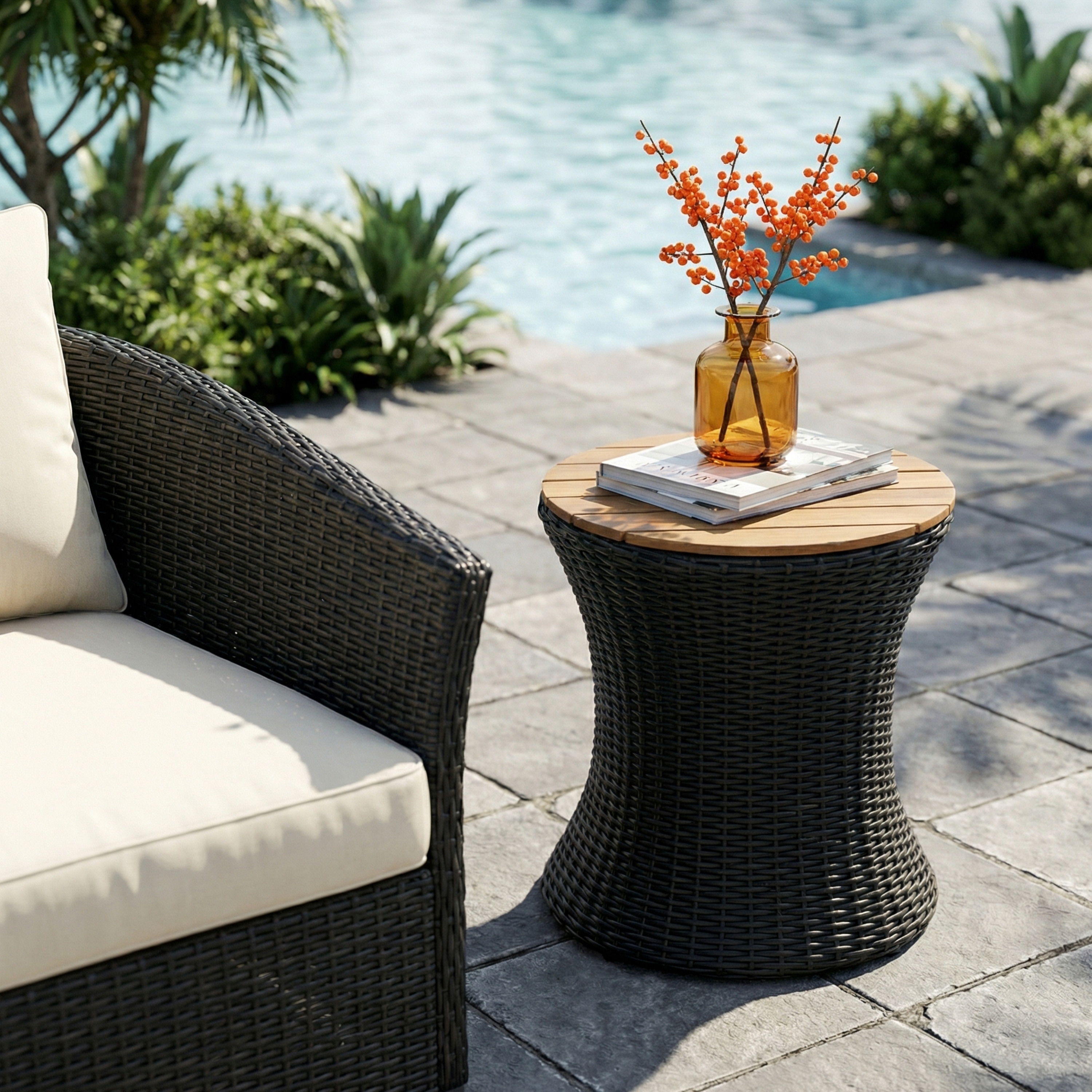 Christopher Knight Home - Modern Outdoor Wicker 17.5" Round Side Table with Acacia Wood Top