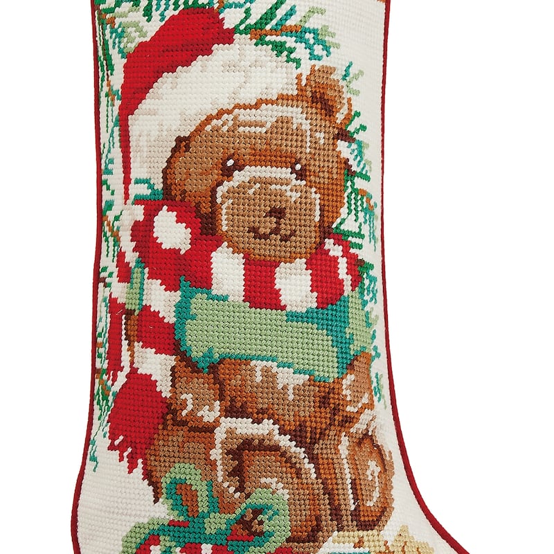 Teddy Bear Embroidered Needlepoint Stocking - 11"x18"