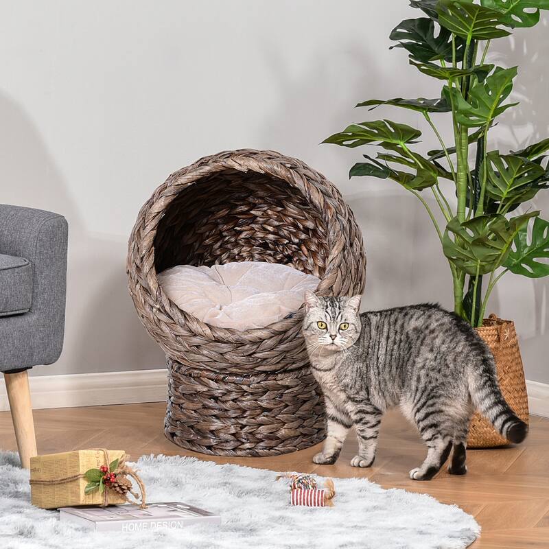 PawHut Handwoven Elevated Cat Bed with Soft Cushion & Cat Egg Chair Shape - Gray