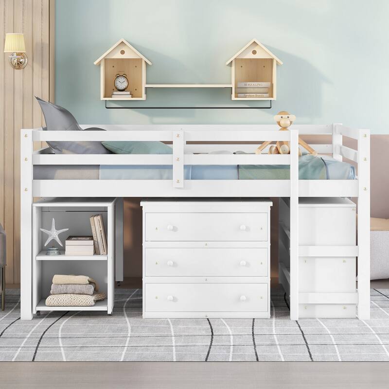 Full Size Loft Bed with Desk, Storage Drawers, and Bookshelf - Space-Saving Design - White