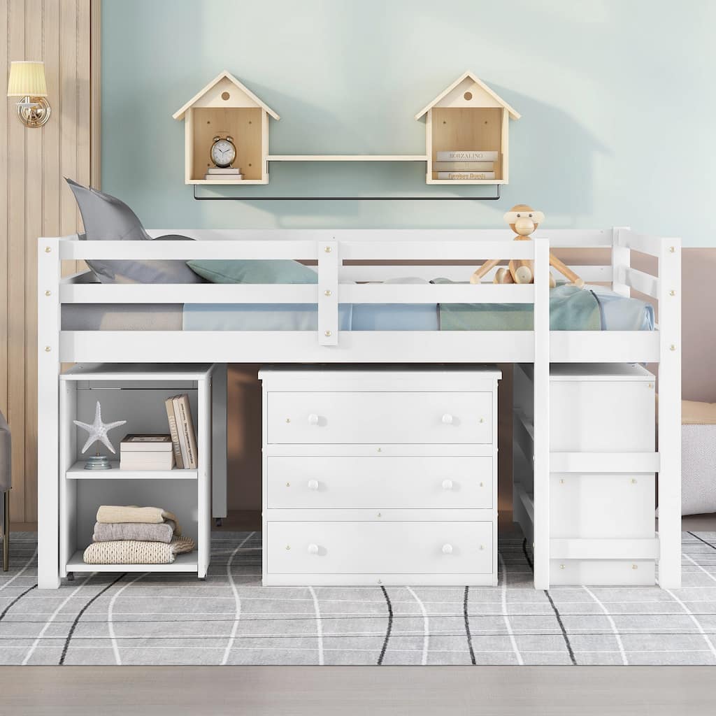 Full Size Loft Bed with Desk, Storage Drawers, and Bookshelf - Space-Saving Design