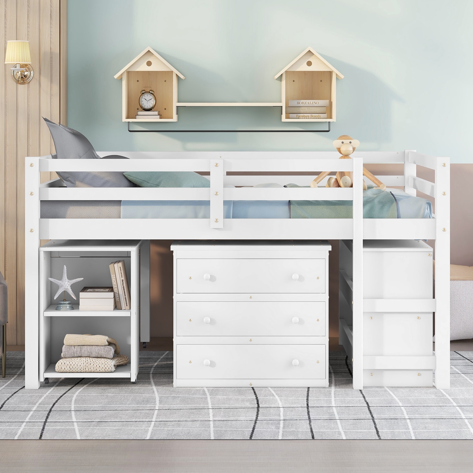 Full Size Low Loft Bed Wood Loft Bed Frame with Storage Cabinet