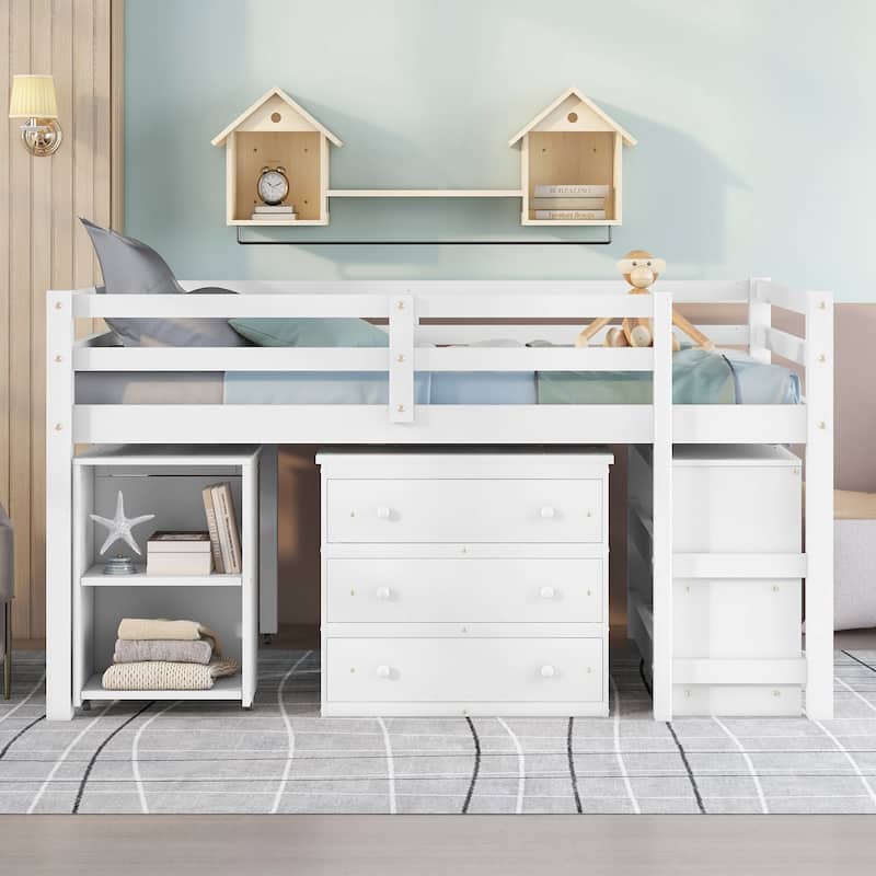 Twin/Full Size Low Loft Bed with Cabinet and Mobile Desk, Space-Saving Design
