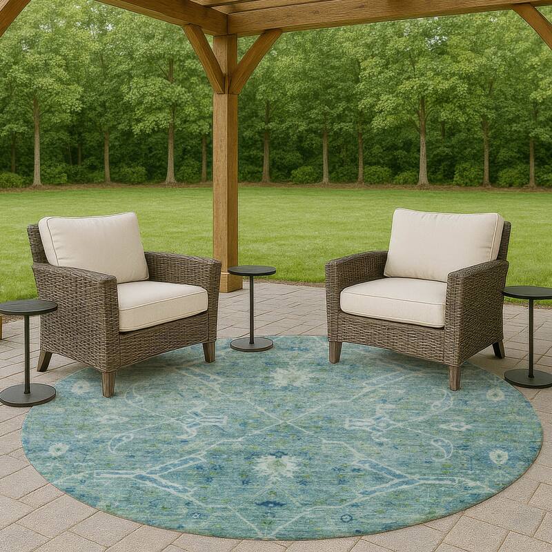 Machine Washable Indoor/ Outdoor Vintage Traditional Chantille Rug - Turquoise - 8' x 8'