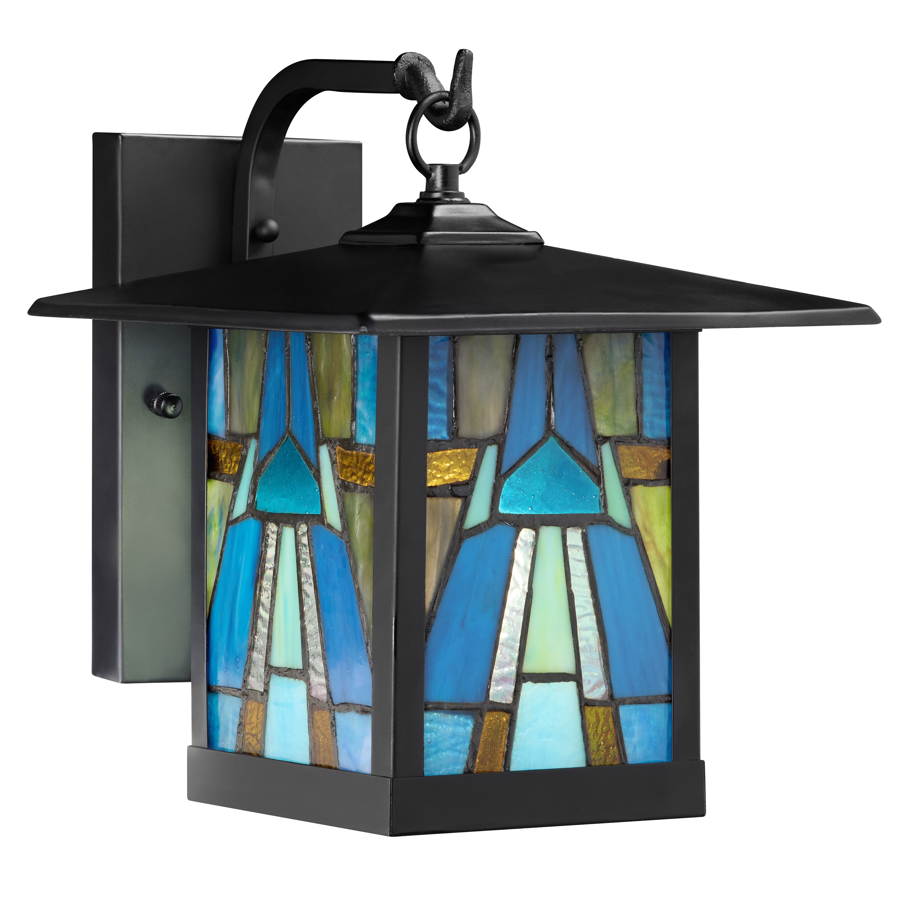 River of Goods Aqua Tiffany-Style Stained Glass and Black 1-Light Outdoor Lantern Wall Sconce - Aqua/Blue