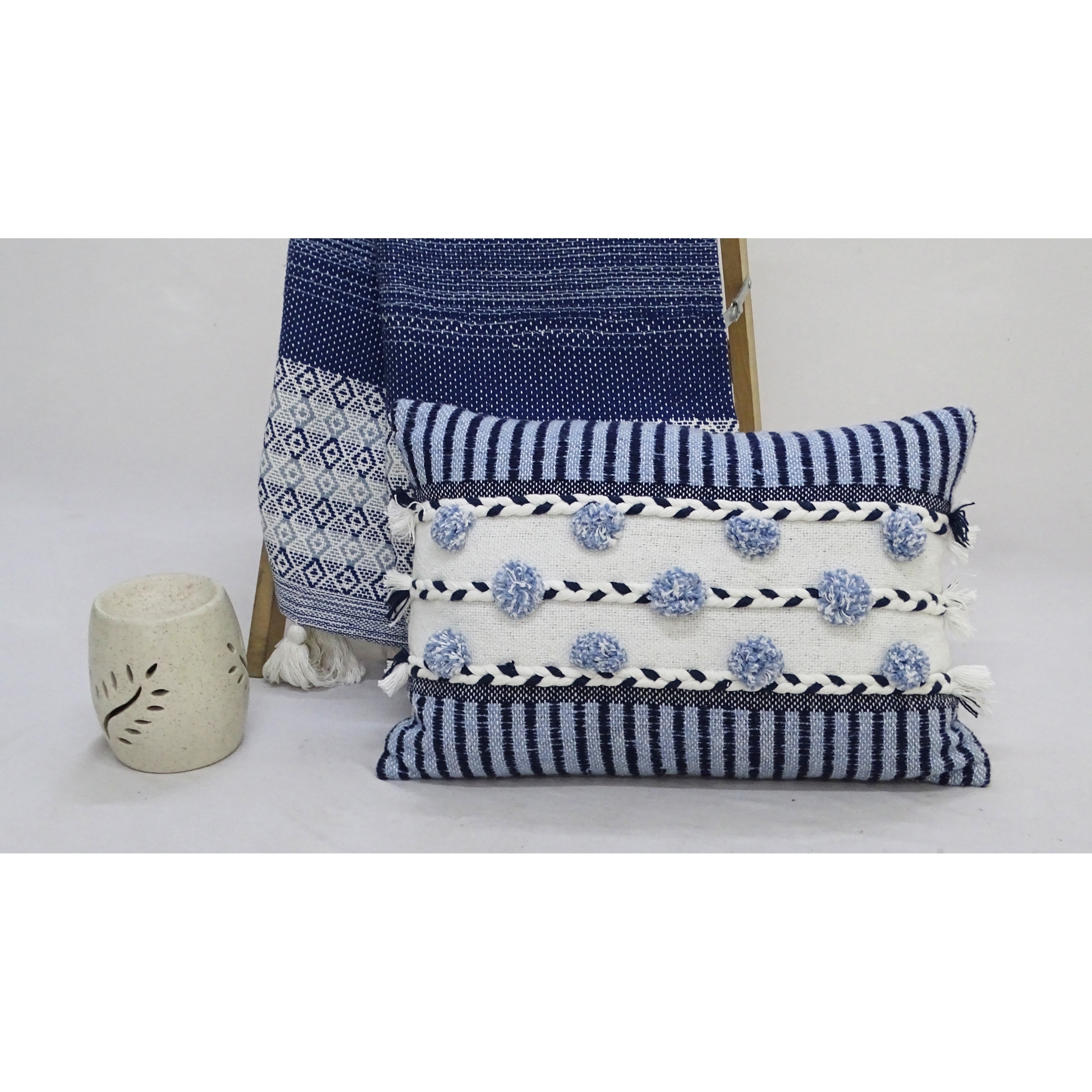 Vibhsa Striped Handwoven Throw Pillow with Braid and Tufted Fringe Detail, 14" x 20"