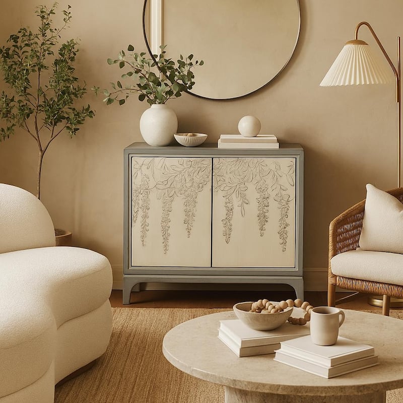Wooden Floral Relief 2 Door Cabinet with Cream Front Doors and Cascading Leaf Design - Gray - Roche River Decor