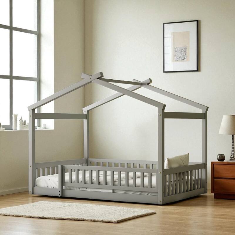 Twin/Full Size Wooden House Bed Frame with Fence and Roof, Playhouse Style for Kids and Teens - Grey - Full